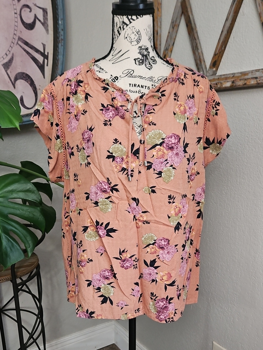 Buffalo David Bitton Peach Floral Tie-Front Blouse